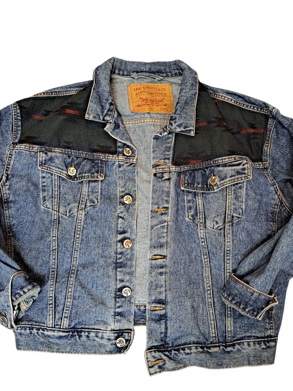 Levi’s Vintage XL Denim Trucker Jacket Southwestern Aztec Fabric Panels 70598
